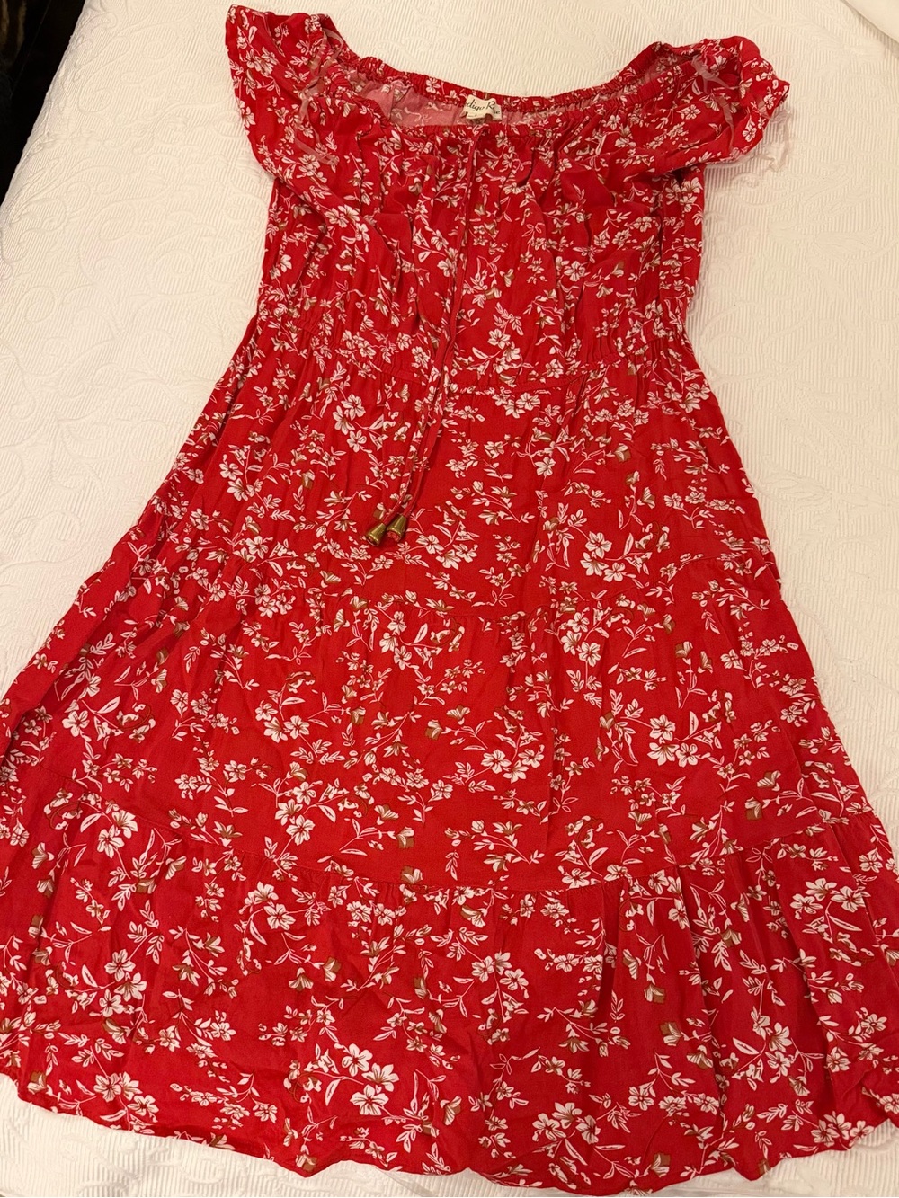 Indigo Rose Red Floral Off-the-Shoulder Boho Tiered Midi Dress, Size L